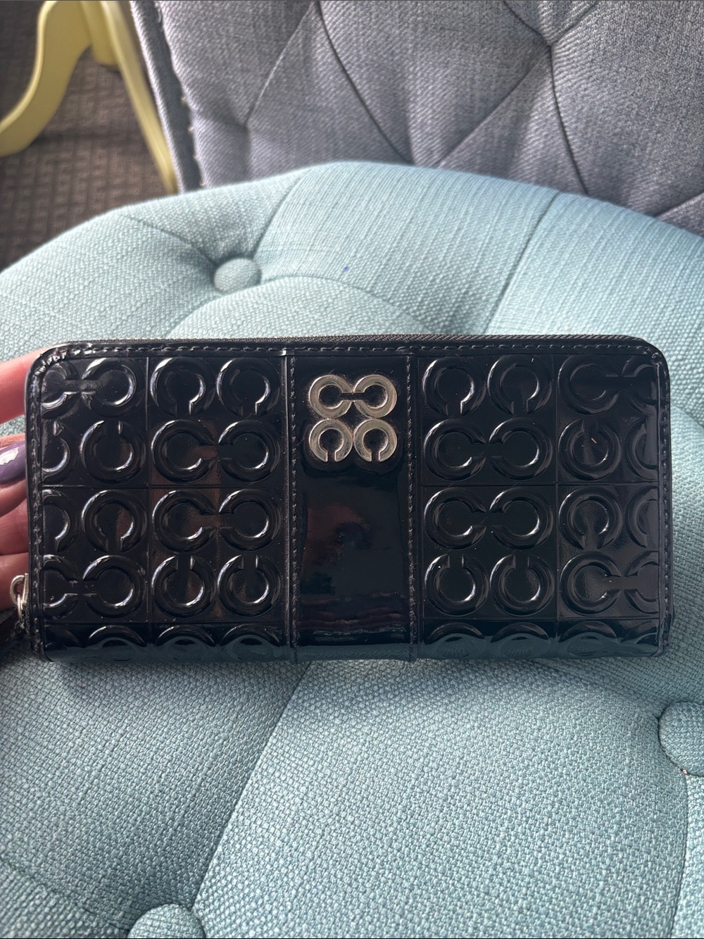 Coach Black Patent Leather Zip Wallet with Signature 'C' Embossing